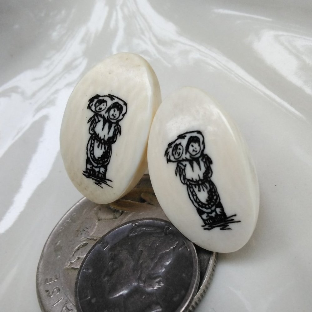 Hand Carved Sweet Scrimshaw Bone Earrings